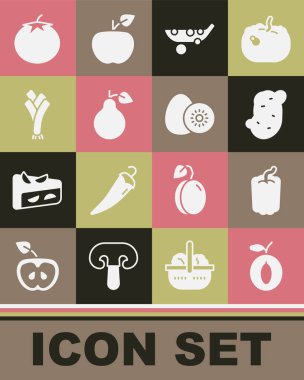 Erikli çan biberi, bezelye armudu, pırasa, domates ve kivi ikonu koy. Vektör.