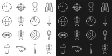 Set çizgisi, Tenis Raketi, Basketbol Bowling ve Bilardo Bilardo Bilardo Bilardo ikonu. Vektör.