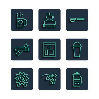 Kahve için hat madalyası ayarlayın. Kahve fasülyesi dalıyla Fransız basın filtresi tutacağı Bag fasulyesi şekeri şeker paketleri bardağı ve kalp ve milkshake ikonu. Vektör.