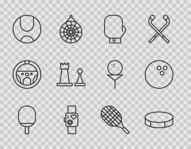Masa tenisi oynamak için set hattı raketi Hokey puck boks eldiveni kalp atış hızı gösteren akıllı saat Tenis topu raketi ve bowling ikonu. Vektör.