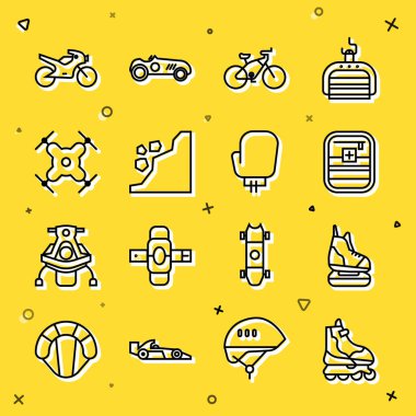 Hat Paten Patenleri İlk Yardım Çantası Bisiklet Sürgüsü İHA Uçan Motorsiklet ve Boks eldiveni ikonu. Vektör.