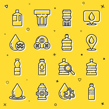 H2O Geri Dönüşüm Ağı ve ikonu için temiz su bırakma yeri soğutucu formülü içeren bir şişe su hazırla. Vektör.