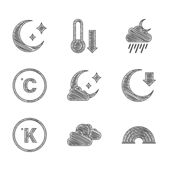 Set Cloud Moon Sun Cloud Weather Rainbow Moon Kelvin Celsius — Stock Vector