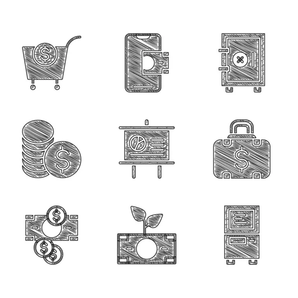 Set Pizarra Con Diagrama Planta Dinero Bote Atm Maletín Dinero — Archivo Imágenes Vectoriales