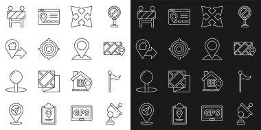 Radar Konumu İşaretleyici Şehir Harita Navigasyon Trafik İşareti Hedef Spor 'u ev bariyeri ve simgesi ile ayarlayın. Vektör.