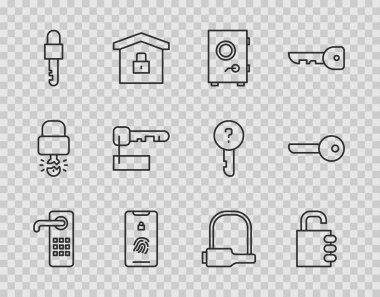 Satır Sayısal Kapı Kilidi Güvenli Mobil kombinasyonunu parmak izi taraması ile Kilitli Anahtarlı Bisiklet ve Anahtar simgesi ile ayarla. Vektör.