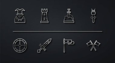 Joker baş yuvarlak ahşap kalkan meşale alevi Ortaçağ kılıç kalesi taş ikonunda ortaçağ ve kılıç kulesini aştı. Vektör.