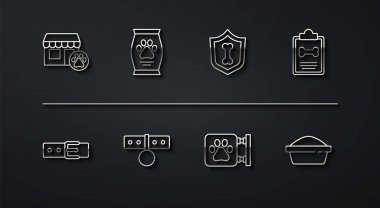 Veterinerlik hastanesinin yakasına isim etiketi, klinik evcil hayvan kliniği çantası, evcil hayvan kasesi ve hayvan sağlığı sigortası ikonu. Vektör.