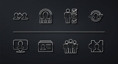 Hat Proje taban konumunu insan kaynakları kullanıcıları grubuna göre ayarla. Hesap ekran başı avı ve iş giysisi simgesi oluştur. Vektör.