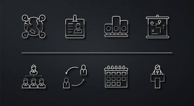 Hiyerarşi organizasyon şeması planlama stratejisi konseptinde çizgi konumu belirle. Takvim İnsan Kaynakları Kimlik Rozeti Sahne Standı Tribünü ve Sıralama Yıldızı simgesi. Vektör.
