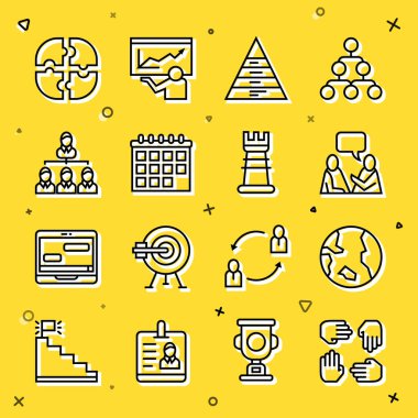 Çizgi Proje Ekibi Dünya tabanı İki Oturan Adam piramit grafikleri hakkında konuşuyor Takvim Hiyerarşisi organizogramı yapboz ve iş stratejisi ikonu. Vektör.