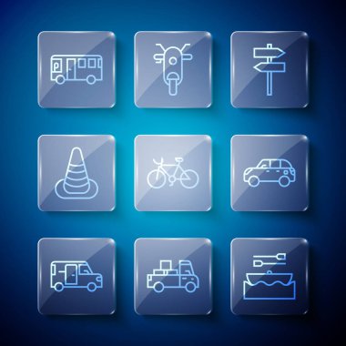 Minibus Teslimat Aracı, kürek trafik levhası, bisiklet konisi otobüs ve Hatchback araba ikonu. Vektör.