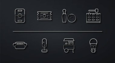 Hokey masası Hotdog oyun makinesi Fast Street yemek arabası Tree Ticket hava balonu ve bowling pin ve ikonu. Vektör.