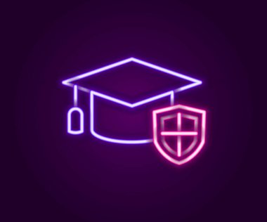 Parlak neon çizgisi derecelendirme başlığı ve siyah arkaplanda izole edilmiş kalkan simgesi. Sigorta konsepti. Güvenlik, güvenlik, koruma, konsept koruma. Renkli taslak konsepti. Vektör.