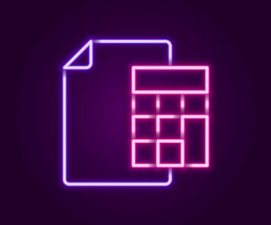 Parlayan neon hattı hesap makinesi simgesi siyah arkaplanda izole edildi. Muhasebe sembolü. İş hesaplamaları matematik eğitimi ve finans. Renkli taslak konsepti. Vektör.