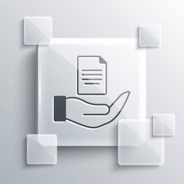 Gri arka planda gri renkli el simgesi var. Sigorta konsepti. Güvenlik, güvenlik, koruma, konsept koruma. Kare cam paneller. Vektör.