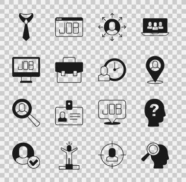 Arama işçisi konumu için büyüteç ayarlayın Çok görevli yönetici evrak çantası arama kravatı ve zaman simgesi üzerinde çalışıyor. Vektör.