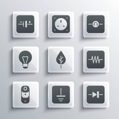 Elektronik devre rezistörü Leaf Eco Battery 'nin elektrik sembolü zemin diyotu Creative Lamba Işığı fikri DC voltaj kaynağı ve Ohmmeter simgesi. Vektör.