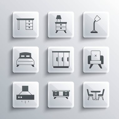 Koltuklu Masa Masası 'nı Koltuk Koltuğu Gardırobu Mutfak Sökücü pervane büyük yatak odası ofis masası ve lamba ikonu ile ayarla. Vektör.