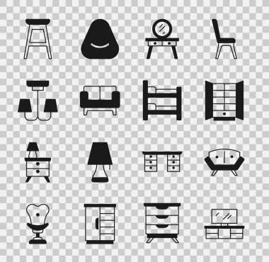 TV masası tezgahını, kanepe dolabını, şamdanlı sandalye ve yatak ikonunu hazırla. Vektör.