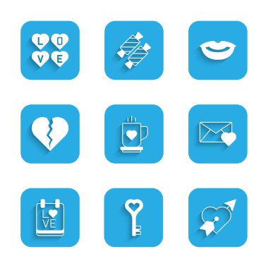 Kahve fincanı ve kalp anahtarını 14 Şubat 'ta imzalanan ve gülümseyen dudaklar ve aşk metin ikonu olan Amour' a göre ayarla. Vektör.