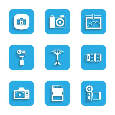 Stüdyo ampulünü softbox SD kart sineması kamera fotoğraf objektifi fotoğraf çekimi ekstrem çerçeve ve simgesine ayarla. Vektör.