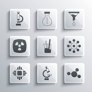 Mikroskop Molekül Virüs Laboratuvarı Cam İşlemci İşlemcisi Radyoaktif ve Huni filtre simgesini ayarla. Vektör.