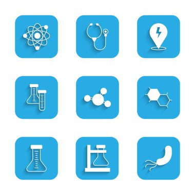Molekül Test tüpünü, Bakteri Kimyasal Formül Yıldırımı ve Atom simgesine ayarla. Vektör.