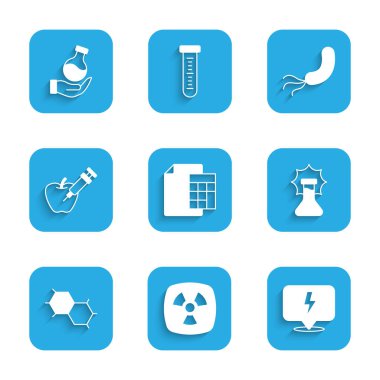 Hesaplayıcı Radyoaktif Yıldırım Patlamasını, kimyasal matara formülünü, genetik olarak değiştirilmiş elma bakterisi ve test tüpü simgesini ayarla. Vektör.