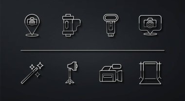 Sinema Stüdyosu 'nun ampulünü rötuşlayan fotoğraf makinesini ayarlayın. Softbox kamera rulo kartuşu. Boş fotoğraf stüdyosu ve flaş ikonu. Vektör.