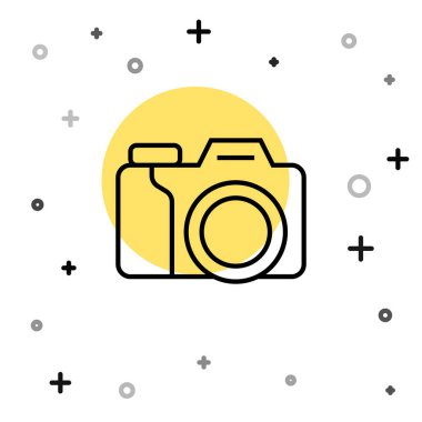 Siyah çizgi fotoğraf makinesi simgesi beyaz arkaplanda izole edildi. Foto kamera. Dijital fotoğrafçılık. Rastgele dinamik şekiller. Vektör.