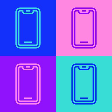 Pop Art Line Smartphone, cep telefonu simgesi renkli arkaplanda izole edilmiş. Vektör.