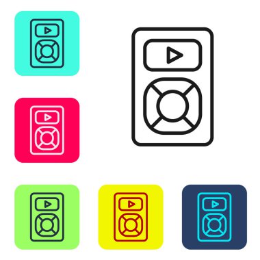 Siyah çizgi müzik çalar simgesi beyaz arkaplanda izole edildi. Taşınabilir müzik cihazı. Renkli kare düğmelerle simgeleri ayarla. Vektör.