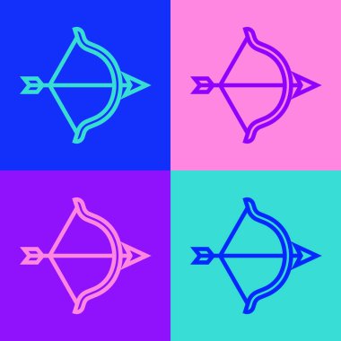 Pop art çizgisi yay ve ok simgesi renk arkaplanında izole edildi. Aşk tanrısı sembolü. Aşk işareti. Sevgililer günün kutlu olsun. Vektör.