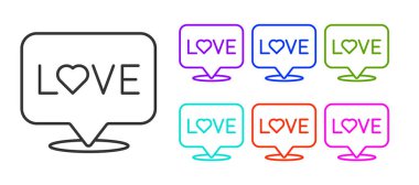 Siyah satır Aşk metin simgesi beyaz arkaplanda izole. Sevgililer Günü tebrik kartı şablonu. Simgeleri renklendirin. Vektör.