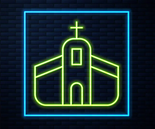 Icono Edificio Iglesia Línea Neón Brillante Aislado Fondo Pared Ladrillo — Vector de stock