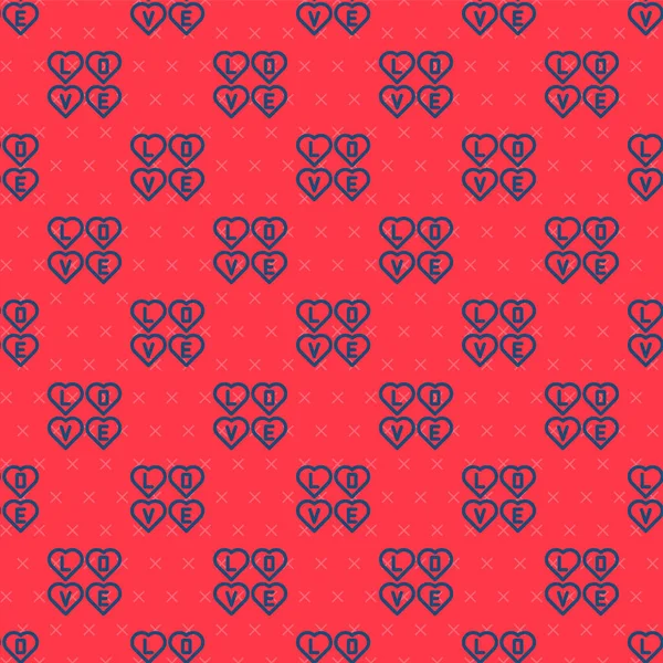 Blaue Linie Liebe Textsymbol Isoliert Nahtlose Muster Auf Rotem Hintergrund — Stockvektor