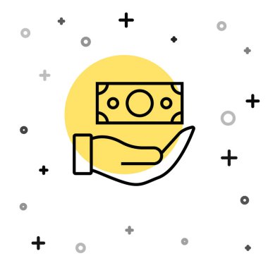 Siyah çizgi Para beyaz arka planda izole kalkan simgesi ile. Sigorta konsepti. Güvenlik, güvenlik, koruma, konsept koruma. Rastgele dinamik şekiller. Vektör.