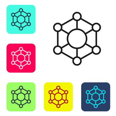 Siyah çizgi Molekül simgesi beyaz arkaplanda izole edildi. Kimya moleküllerinin yapısı, fen öğretmenlerinin yenilikçi eğitim posteri. Renkli kare düğmelerle simgeleri ayarla. Vektör.