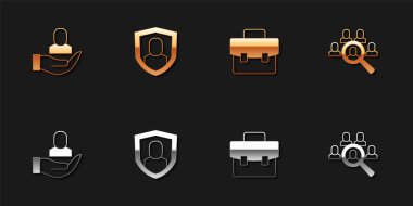 Arama görev simgesi olarak İşçi Kullanıcı Koruma Evrak Çantası ve Büyüteç 'i ayarlayın. Vektör.