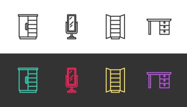 Gardırop 'u büyük boy ayna ve ofis masasını siyah beyaz yap. Vektör.