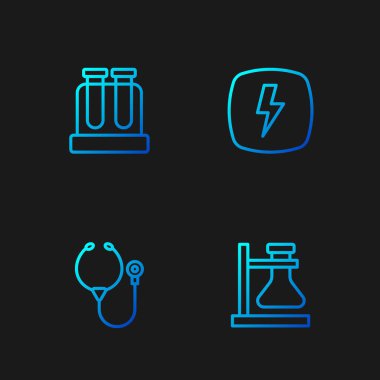 Test tüpünü steteskop ve şimşek yıldırımına ayarla. Renk simgeleri. Vektör.