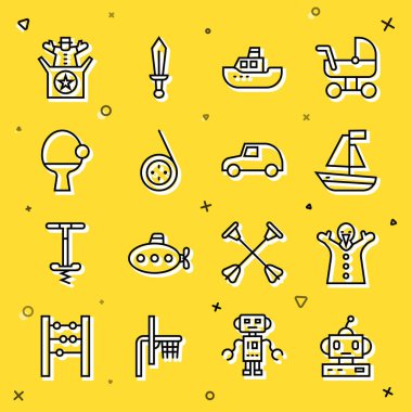 Robot oyuncağı oyuncağı oyuncağı oyuncağı, el teknesindeki Yoyo Raket topu Jack ve araba ikonu. Vektör.