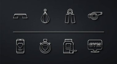 Platform Mobil 'i kalp atış hızı olan Whistle Sports beslenme kalbi merkezde kronometre kum torbası spor salonu ve genişletici ikonu ile ayarla. Vektör.