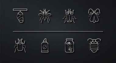 Kelebek koza böceği, kelebek böceği, güve güvesi, ateş böcekleri, böcekler, böcek larvası ve ikona karşı sprey. Vektör.