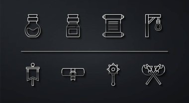 Ortaçağ bayraklı darağacı bayraklı gülle parşömen parşömeni çizgisi ortaçağ baltalarını ve ikonunu çaprazladı. Vektör.