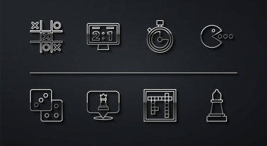Çizgi Tic tac toe oyun zarları Pacman ile Bingo Satranç mekanik skorbordu ve Stopwatch simgesini ye. Vektör.