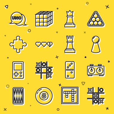 Satranç tahtası için satranç saati çipini, satranç taşı parçaları, Uno kartı ve simgesi olarak ayarla. Vektör.