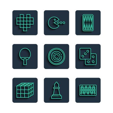 Satranç tahtası tavla oyunu tavla kontrol çipleri raket pikseli kalpler ve oyun zar simgesi için satır ayarla. Vektör.