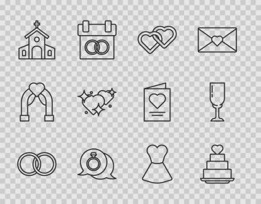 Sabit çizgili düğün yüzüğü pastası. İki Kalpli Elmas Kilisesi Kadın Elbisesi ve Şampanya ikonu Yapıyor. Vektör.